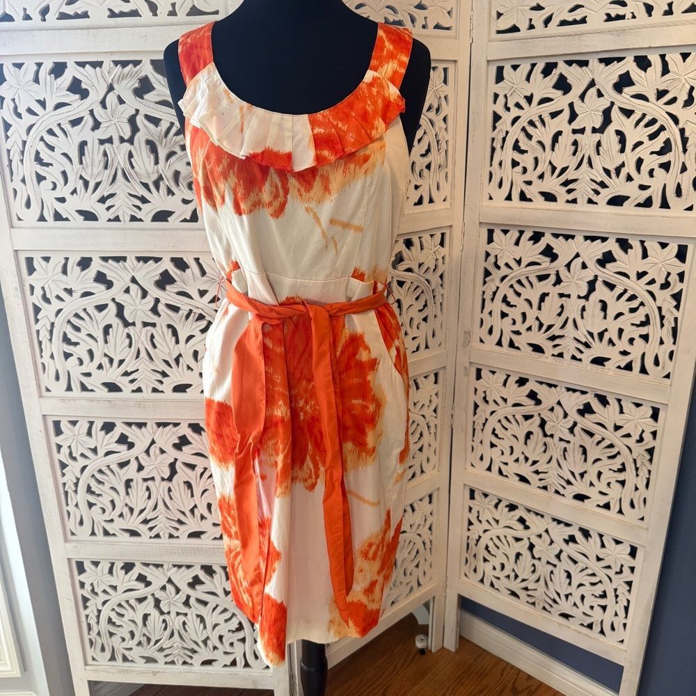 NWT Moulinette Soeurs Cream & Orange Ruffle-Neck Midi Dress Sz 10